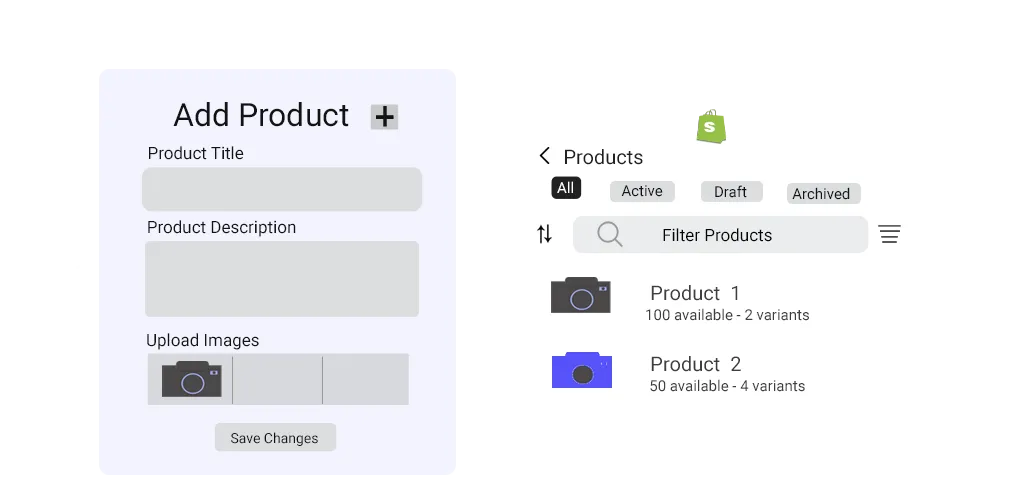 Interface showing product upload section for Shopify